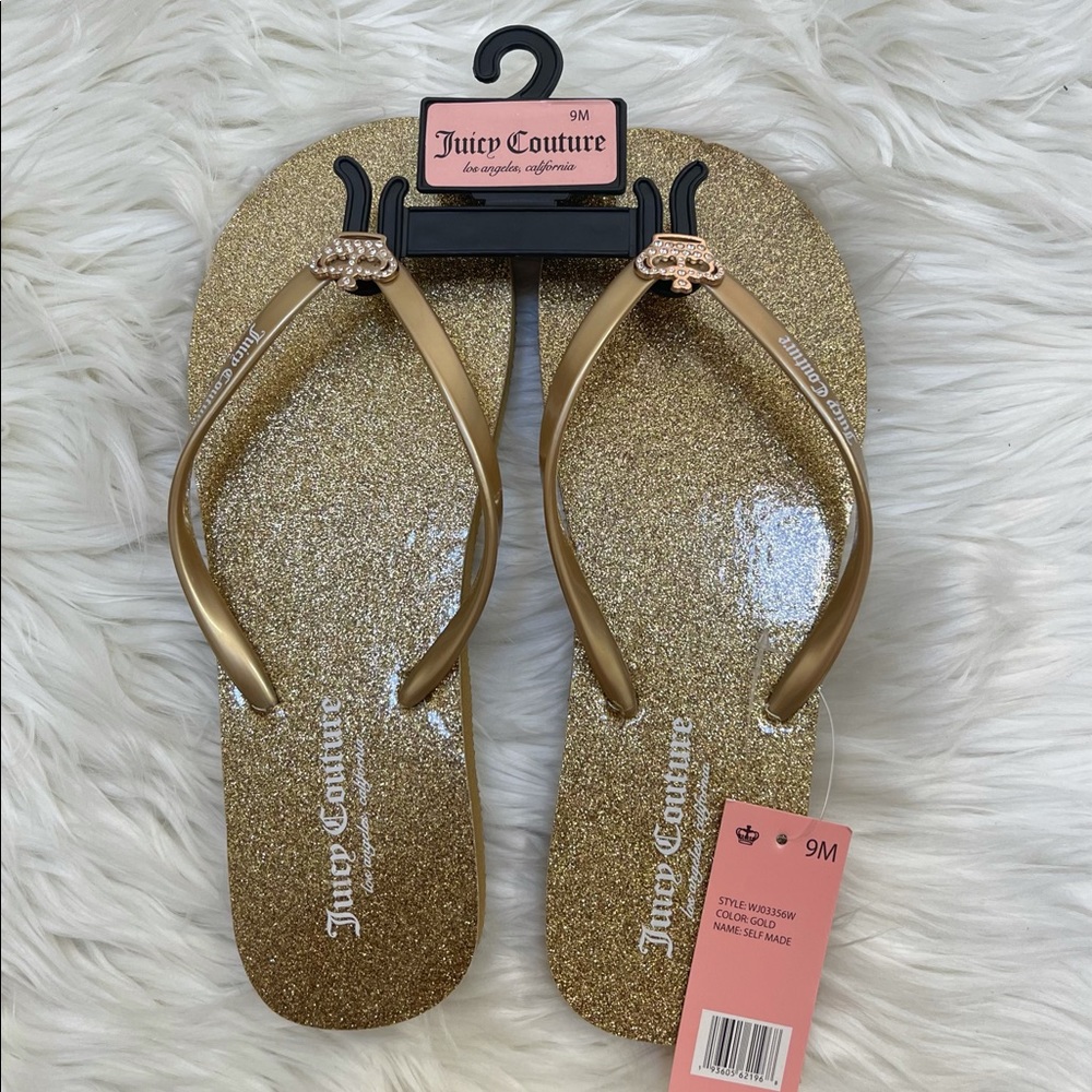 Juicy Couture Women’s Gold Glitter Flip Flops  Rhinestone Crown Sandals Sz 9 NEW